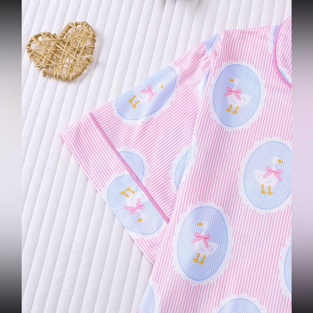 Pink Short Sleeve Swan Bowknot Oval Vintage Print Lounge Pajama Set New - Picture 9 of 13